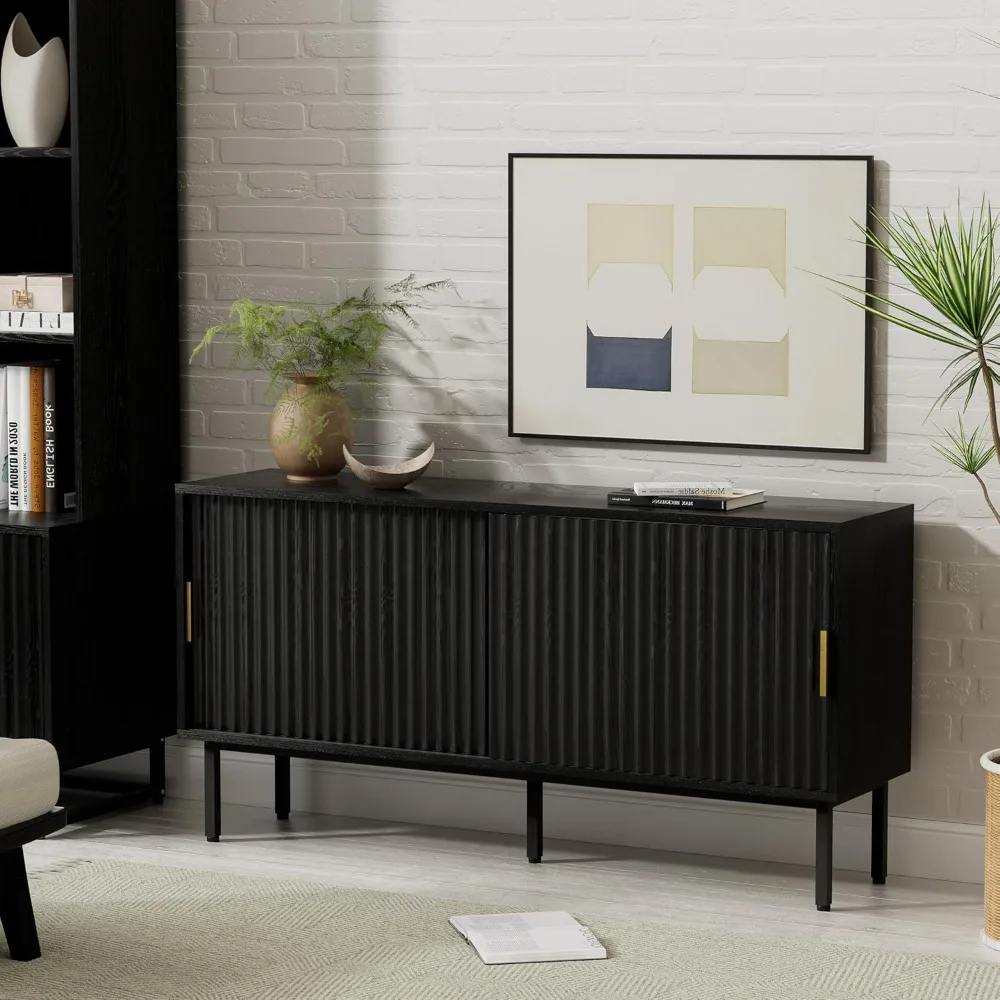 

Подставка под телевизор для гостиной, развлекательный центр в фермерском доме с рифлеными раздвижными дверцами, шкаф для ТВ-консоли с регулируемой полкой и S