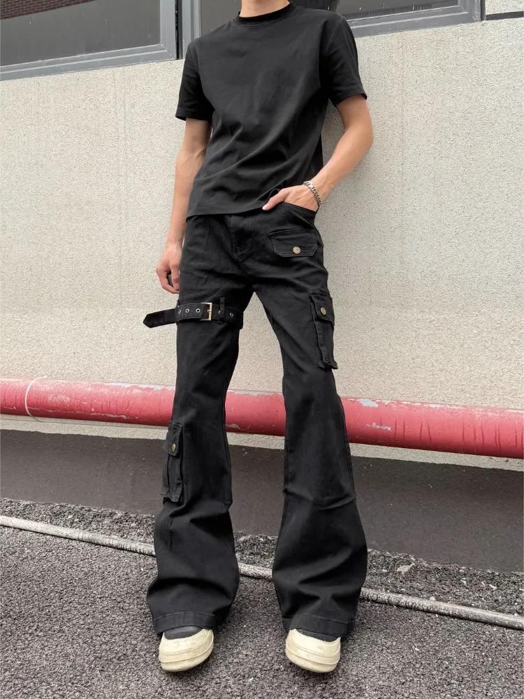 

American Vibe Slim Fit Bell Bottom Jeans Men's Spring Autumn Trendy High Design Workwear Belted Trousers Casual Wear
