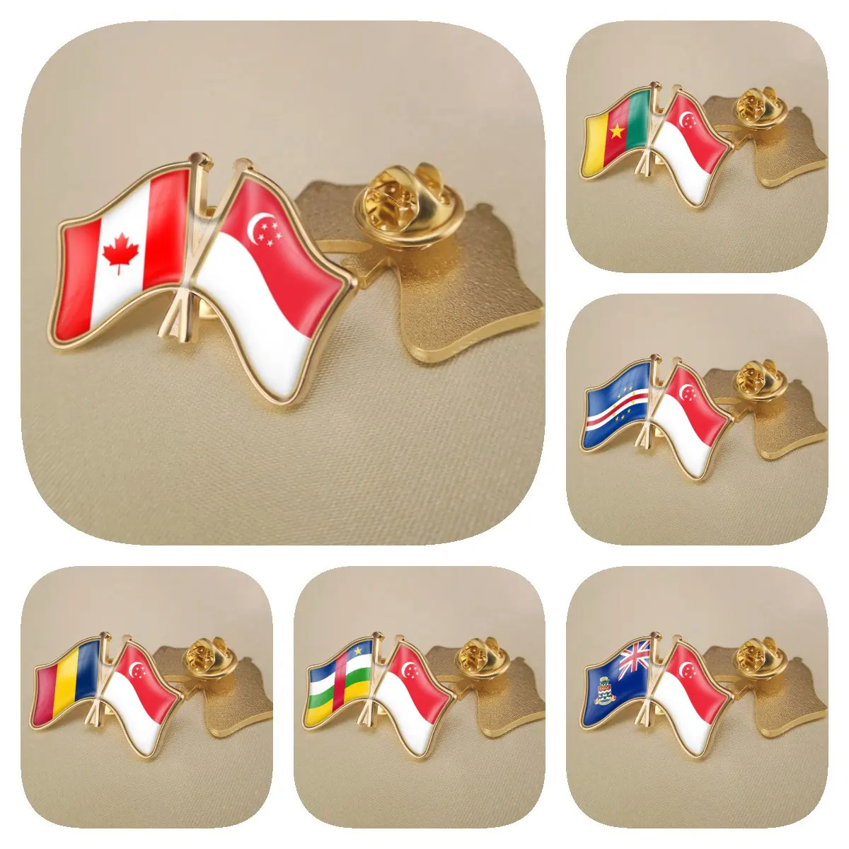 Singapore and Cameroon Canada Cape Verde Cayman Islands Central African Republic Chad Crossed Friendship Flags Brooch Lapel Pins