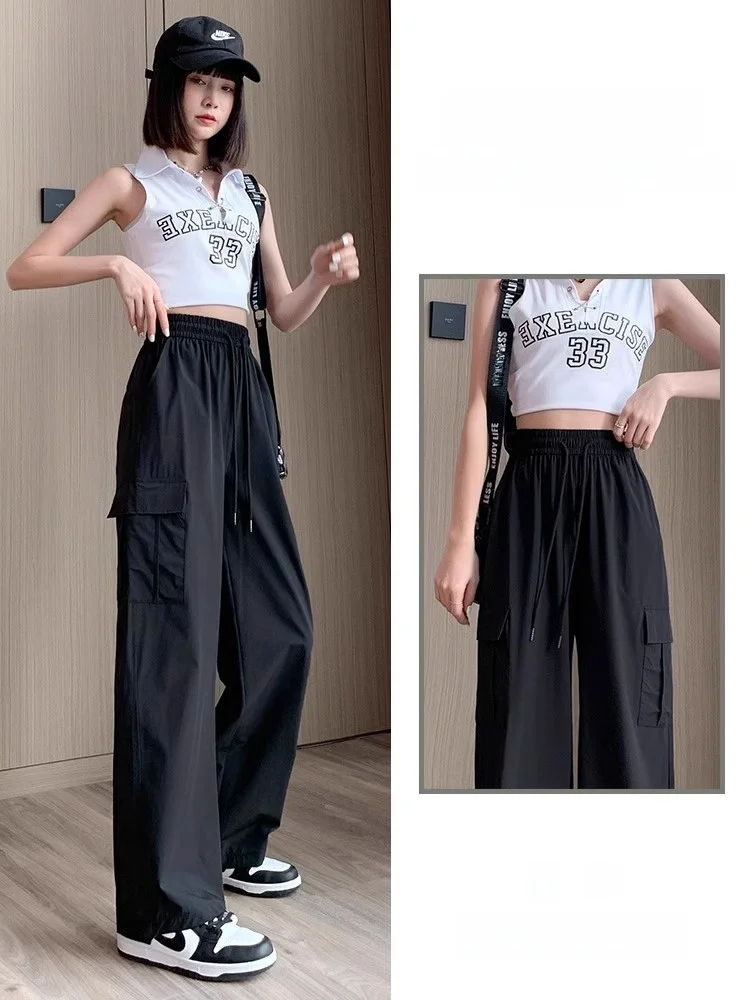 

Женские зимние тонкие свободные брюки из ледяного шелка с высокой талией Qui Dry, широкие брюки небольшого размера, прямые спортивные брюки Bla, рабочая одежда