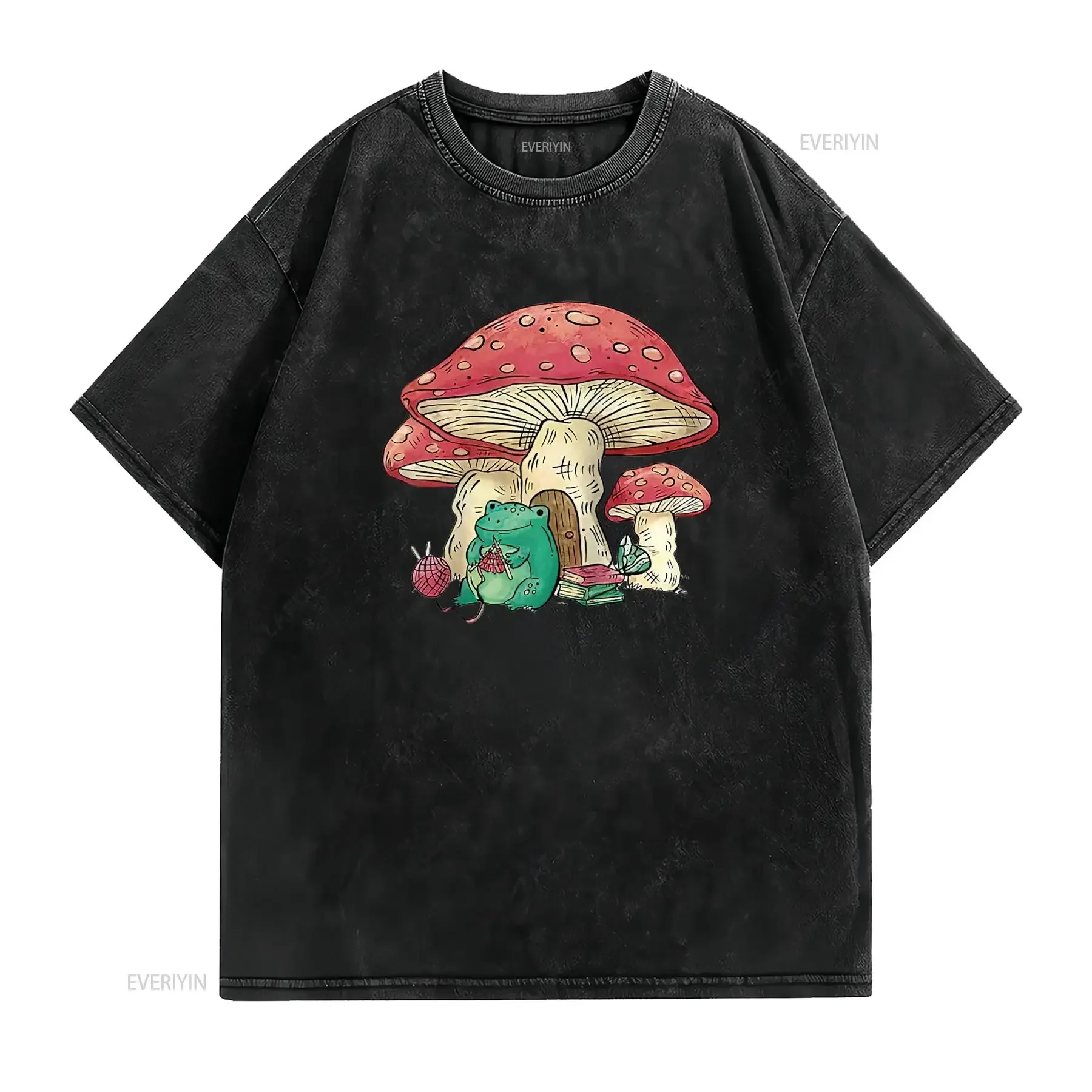 Frog And Mushroom House Toad Knitting Cute Raglan Baseball T Shirt Black 3X Large vintage Washed homme Slightly Soft Versatile