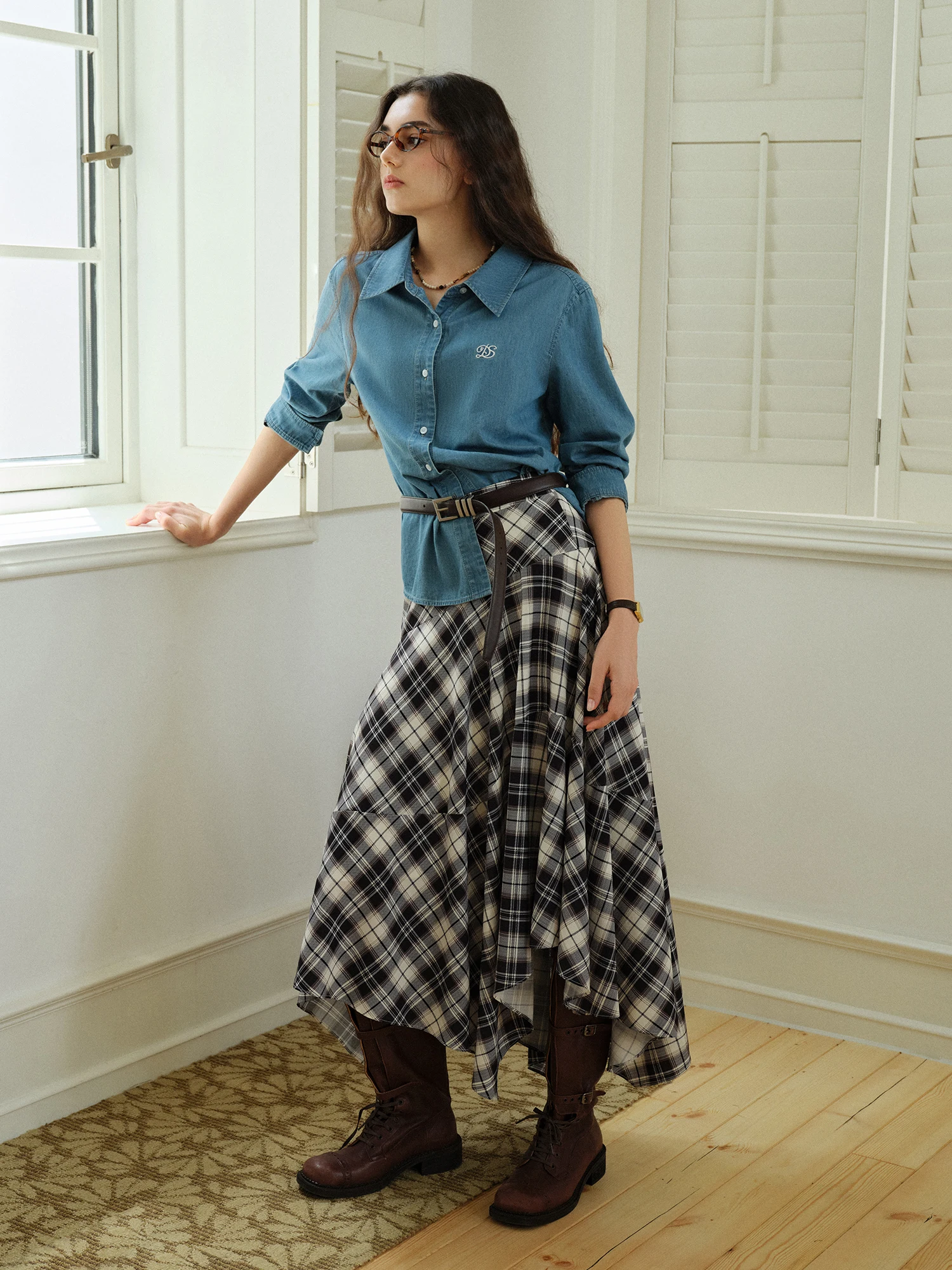 DUSHU Plus Size Damska [Powieść Południowej Francji] Nieregularna Dekonstruowana Kraciasta Retro Francuska Długa Spódnica w Linii A