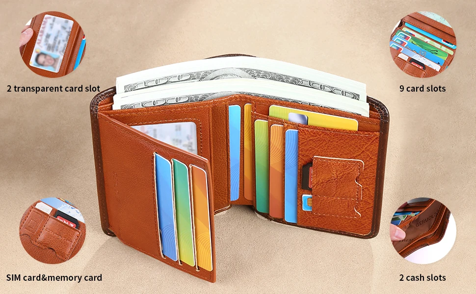GERUOLA Slim RFID-geschirmte Echtleder-Geldbörse für Herren – multifunktionales Ausweis- und Kreditkartenetui, dunkelbraun mit Verzierungen – Detail 8