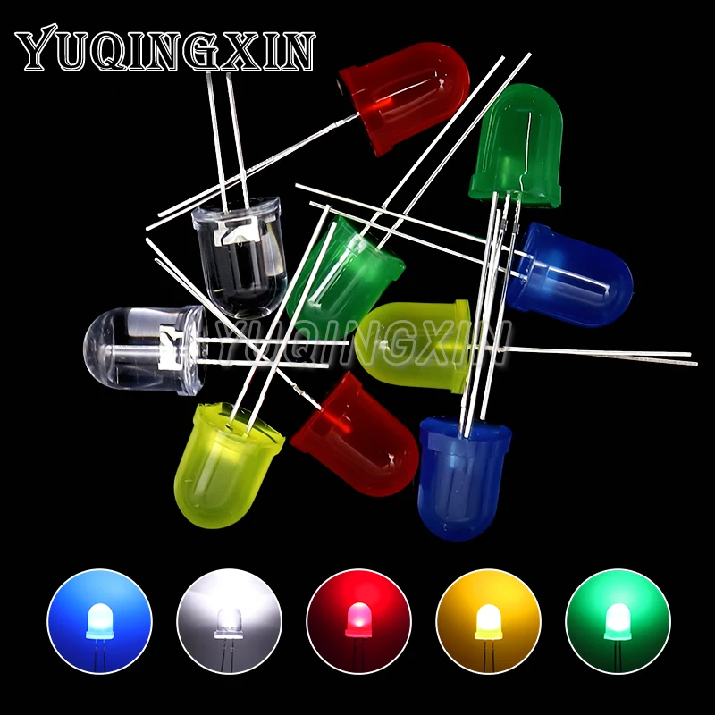 10pcs 10mm LED Assorted Kit 5 Colors White Red Green Blue Yellow DIY F10 0.75W Diffused Round Light Emitting Diode