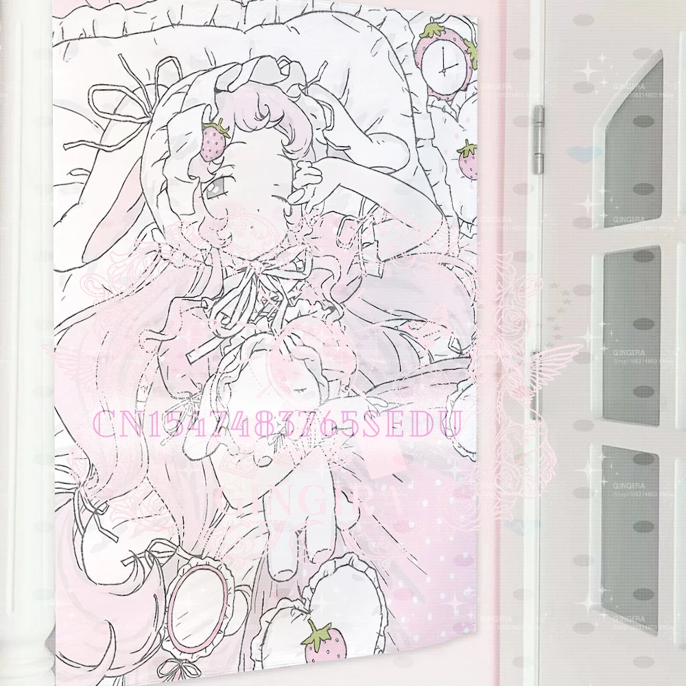 Creamberry Strawberry Bunny Girl Tapestry, Pastel Pink Lolita Anime Print, Soft Aesthetic Wall Hanging for Girls Bedroom Dorm De