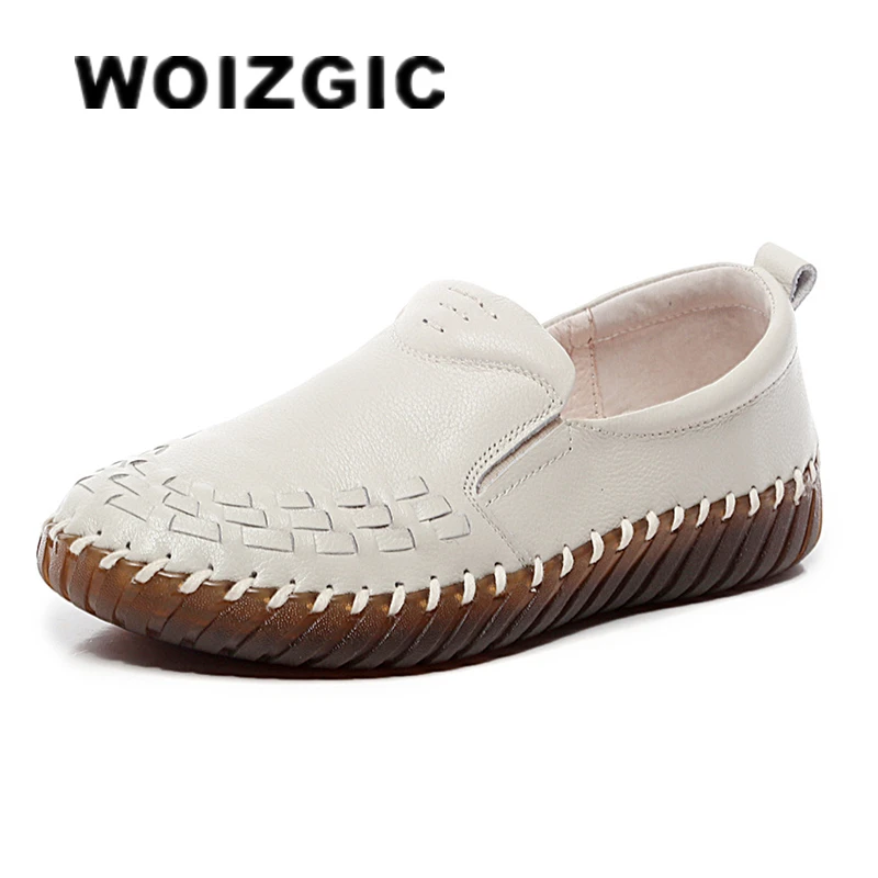 

WOIZGIC Women Old Mother Shoes Flats Cow Genuine Leather Loafers High Quality Pigskin Rubber Slip On Vintage 35-41 ESN-1