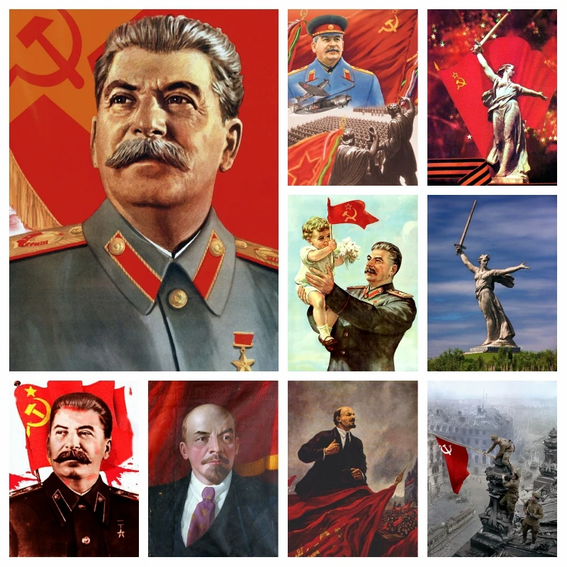 Soviet Union Of Lenin And Joseph Stalin Diamond Painting Portrait Russia The Motherlands Call Sculpture Cross Stitch Wall Decor