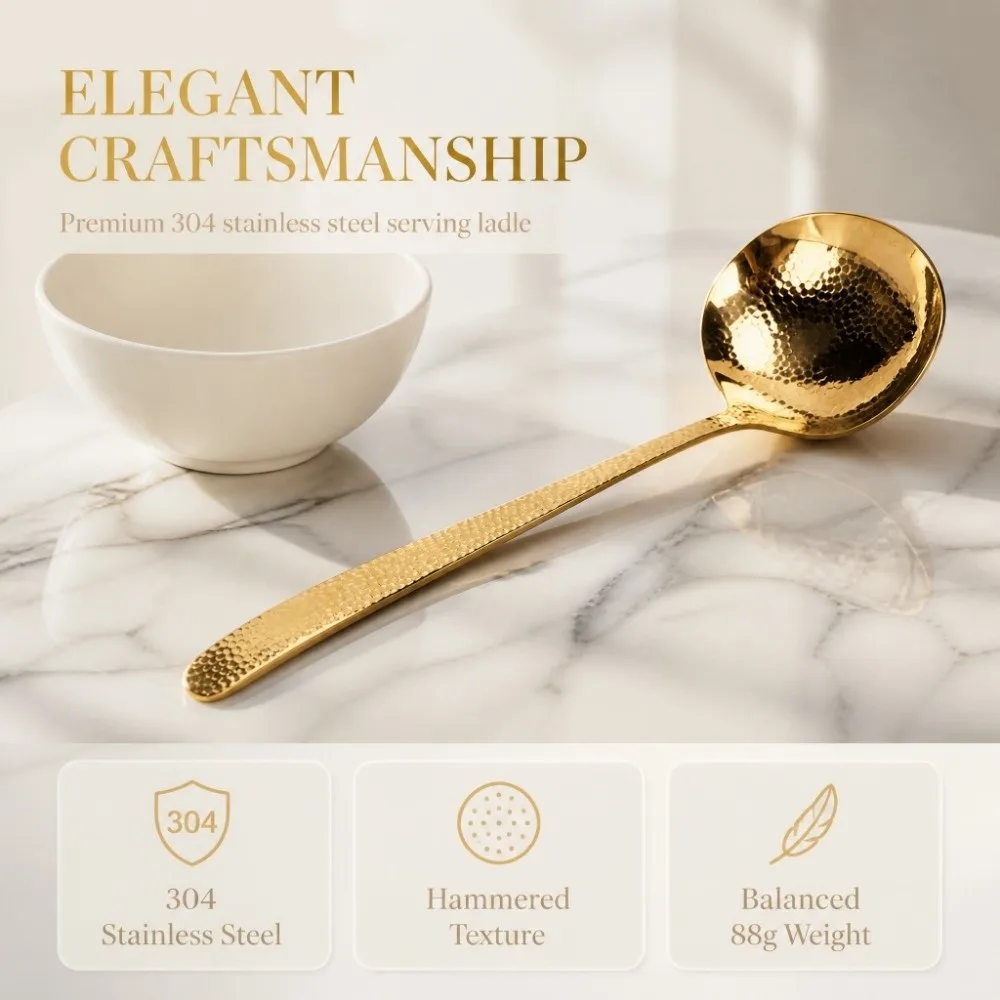 Elegant Bright Gold Soup Ladle 304 Stainless Steel Hammered Texture Kitchen Ladle Balanced Weight Serving Ladle Home Kitchen