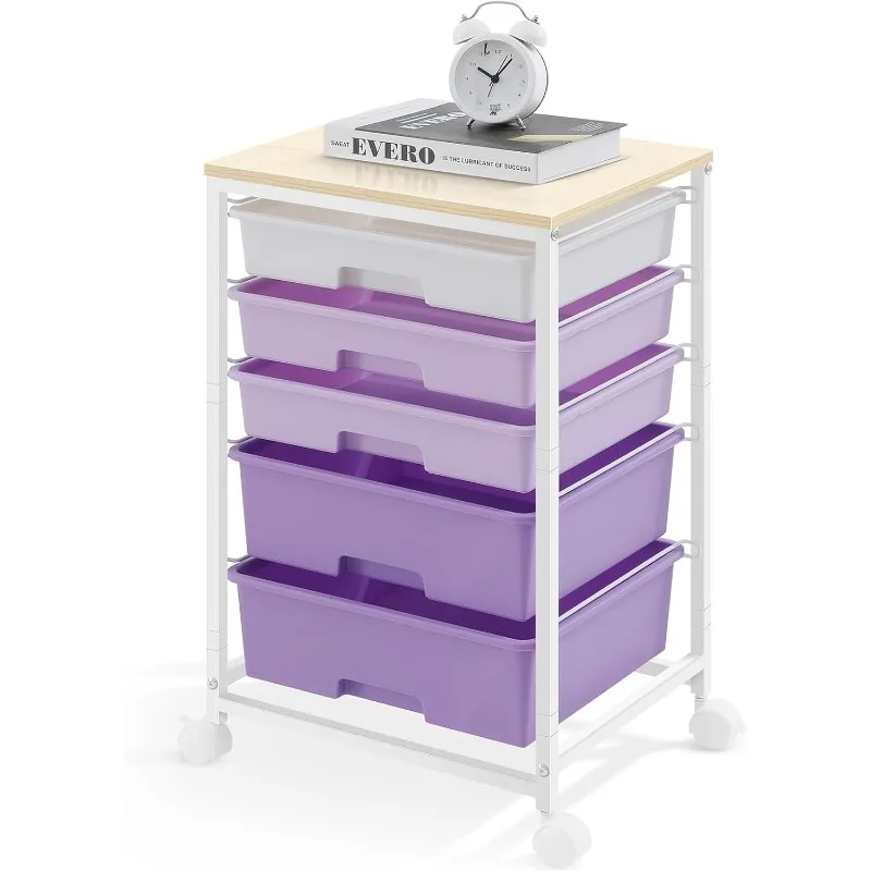 Utility Cart with 5 Drawers,Storage Drawer Cart with Wooden Tabletop and Lockable Wheels,Craft Storage Trolley