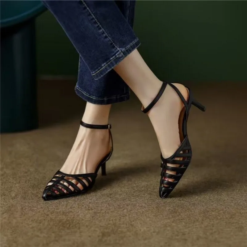 Black Pointed Sandals Summer 2024 New Women Niche Design Female One-line Button Hollow-out Roman High-Heeled Woman Shoes