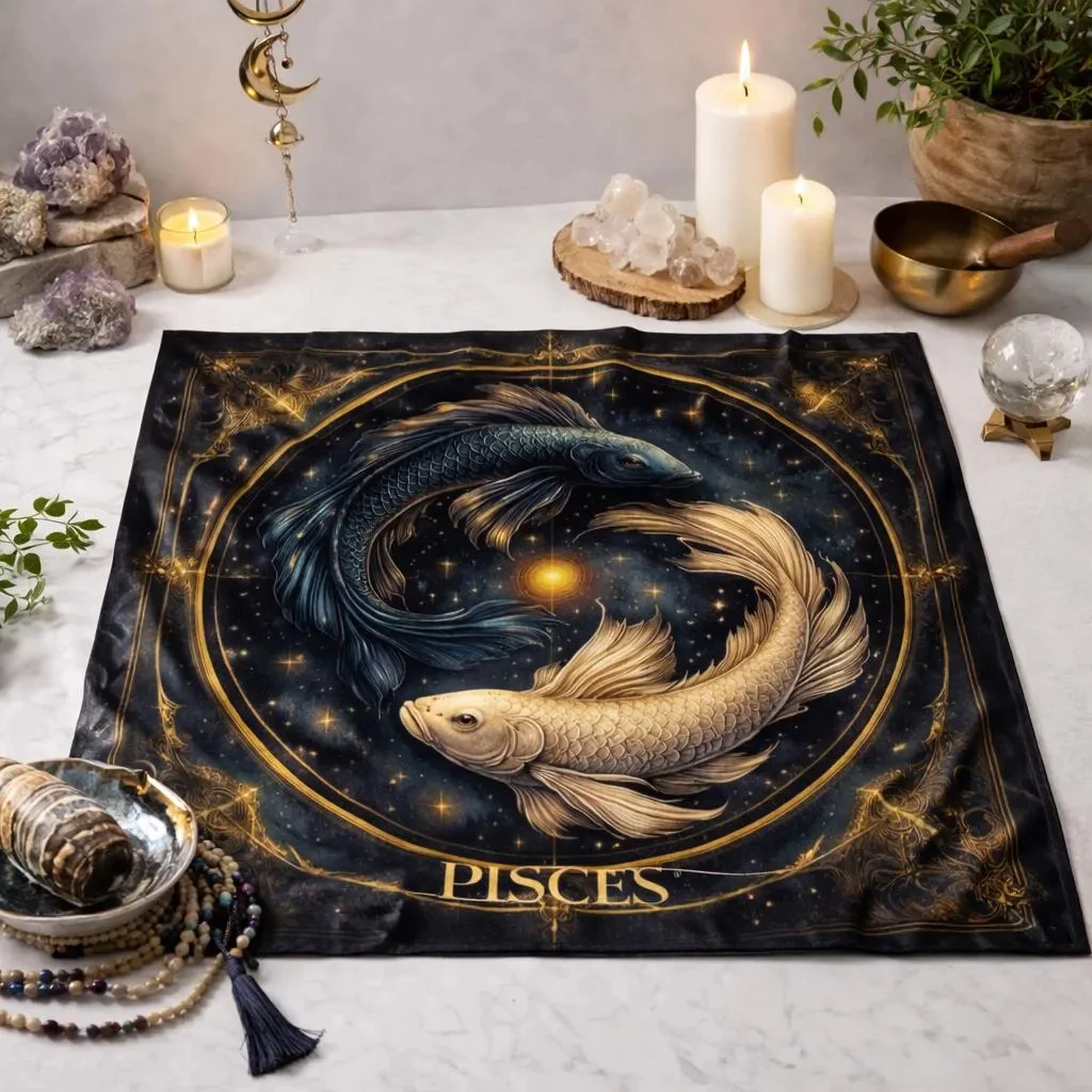 Pisces Zodiac Tarot Altar Cloth Astrology Divination Mat Boho Spiritual Tablecloth Witchy Decor Flat Print