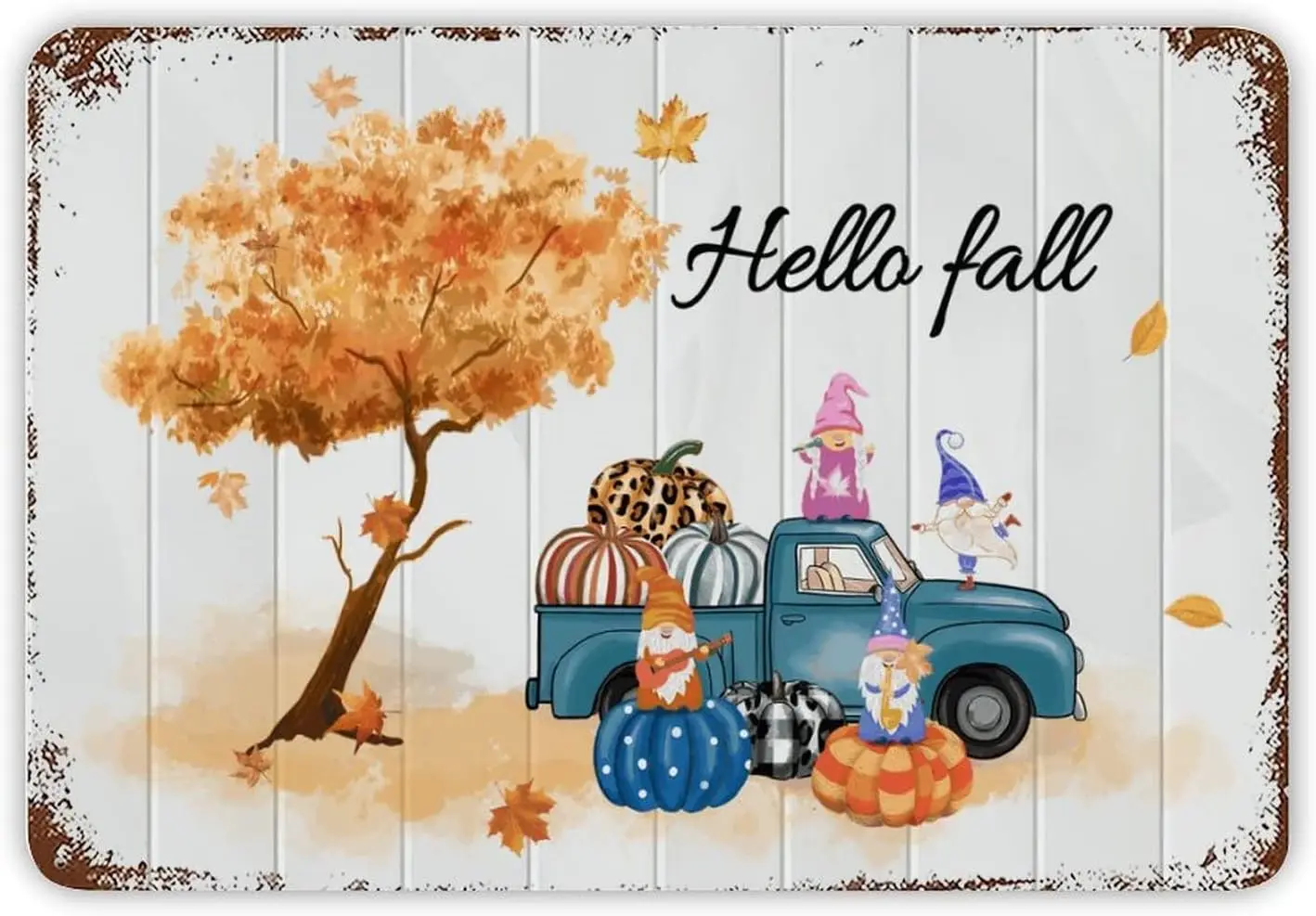 Hallo Fall Tin Sign Thanksgiving Gnome Pumpkin Metal Sign Rust Style Blue Farm Truck Sign Maple Leaf Holiday Party Gift Farmhous