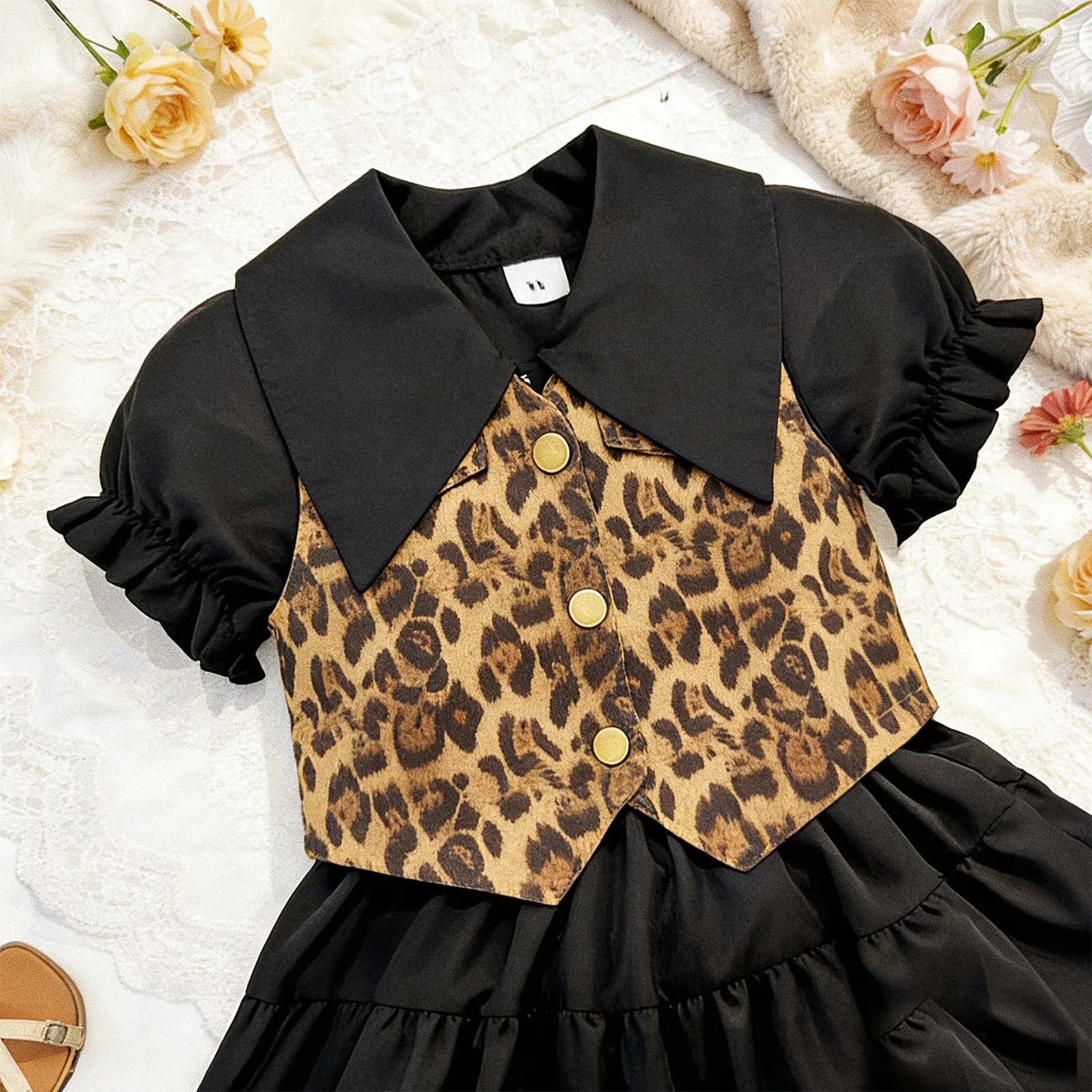 Summer European American Style Girls Two-Piece Set Denim Leopard Print Vest + Puff Princess Dress for Toddler  Little Girls