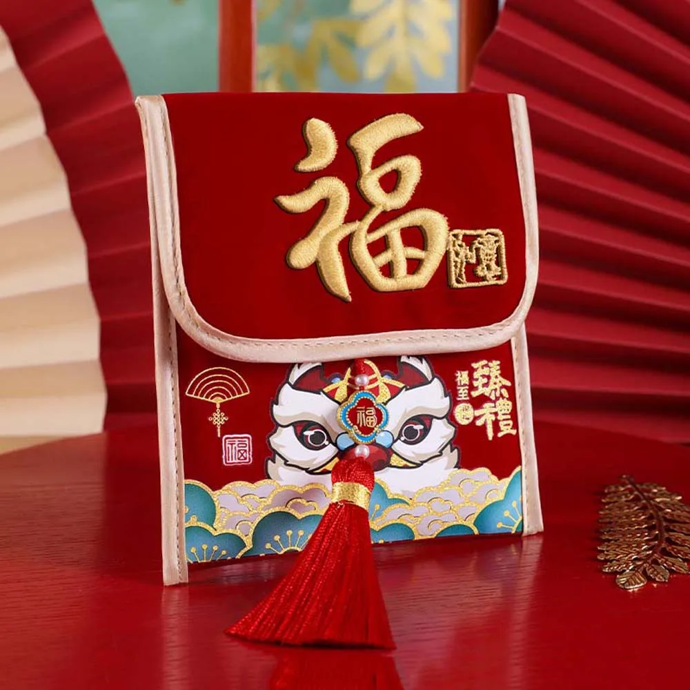 Rotes Portemonnaie für traditionelles chinesisches Neujahr, bestickt, Hongbao, Gott des Reichtums, rote Tasche, verdicktes Bonus-Glücksgeldpaket