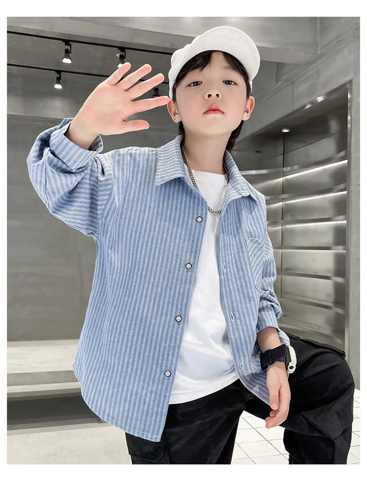 Neues Frühlings-Baumwoll-Langarmhemd für Jungen, Modische High-Street-Oberbekleidung, Oberteile für Teenager, Kariertes Streifenhemd, Alter 5-14 Jahre – Detail 8