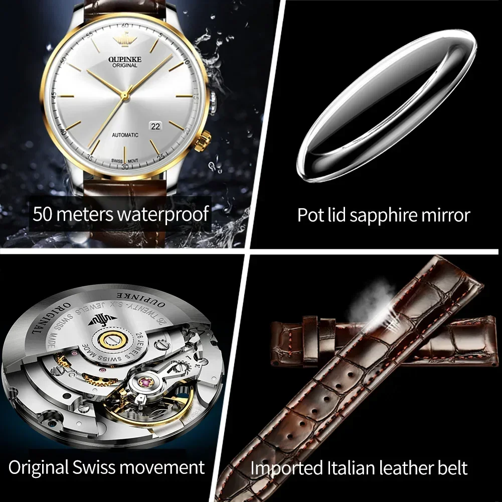 Oupinke 3269 Original Luxury Ultra Thin Watch Men Automatic Mechanical Slim with Date Brand Relogio Masculino Leather Wristwatch