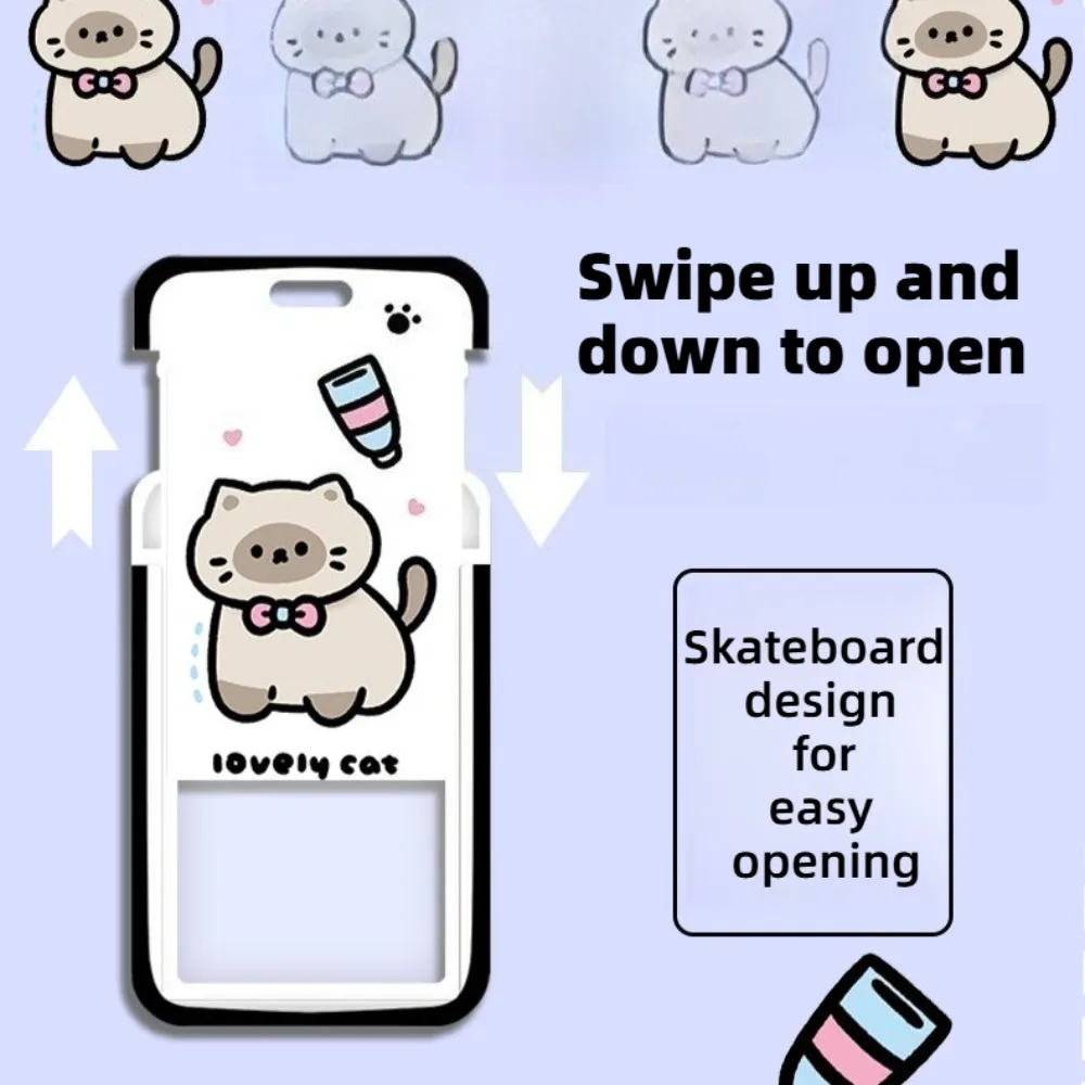 Cute Kitten Card Cover Student Cartoon ABS Sliding Card Bag Campus Card Meal Card Access Control Card Protective Case No Lanyard
