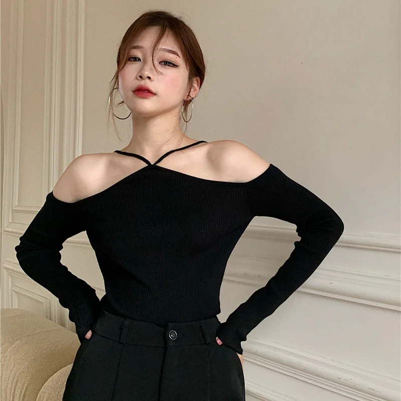 Women\'s Tops Korean Style Solid Color Off Shoulder Halter Slim Sexy Knitted Long Sleeves Tops