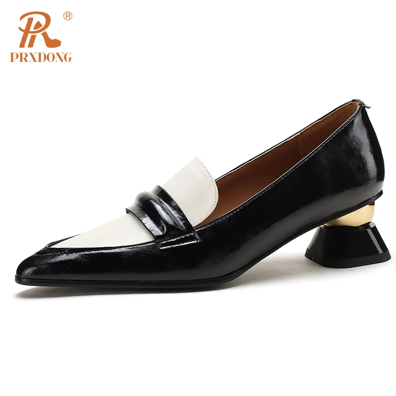 PRXDONG Women Shoes 2024 New Brand Genuine Leather Med Heels Pointed Toe Black Brown Dress Party Office Lady SHoes Size 34-43