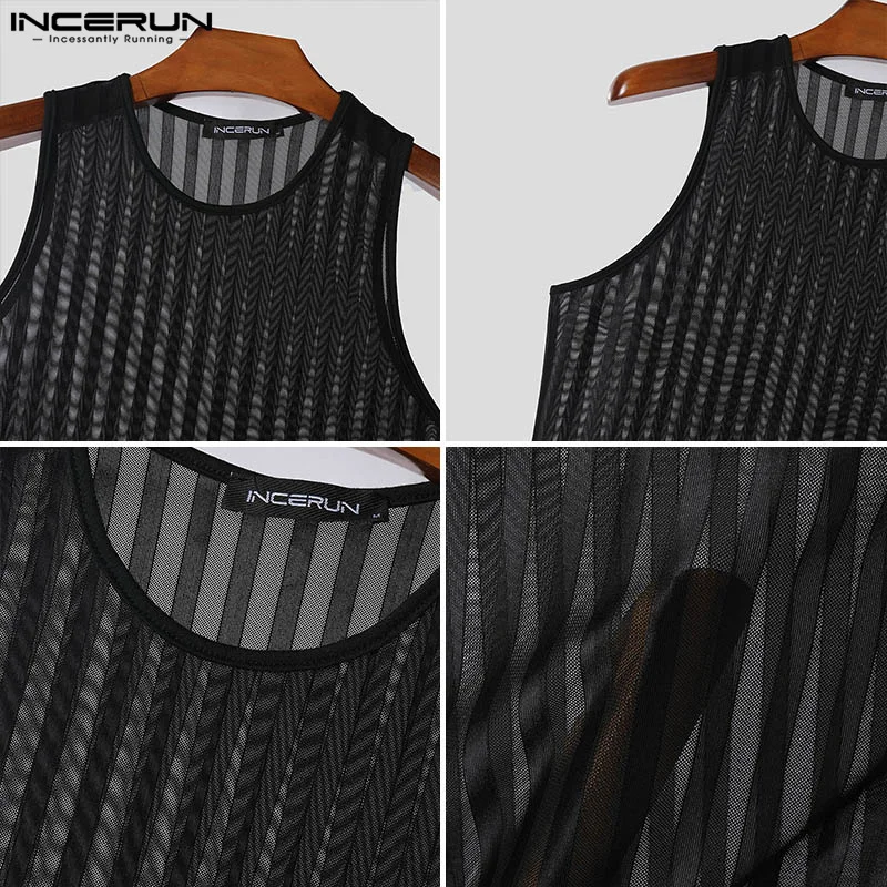 Fashion Casual Style Tops INCERUN Men Sexy See-through Striped Vests Summer Male Hot Sale Thin Sleeveless O-neck Tank Tops S-5XL