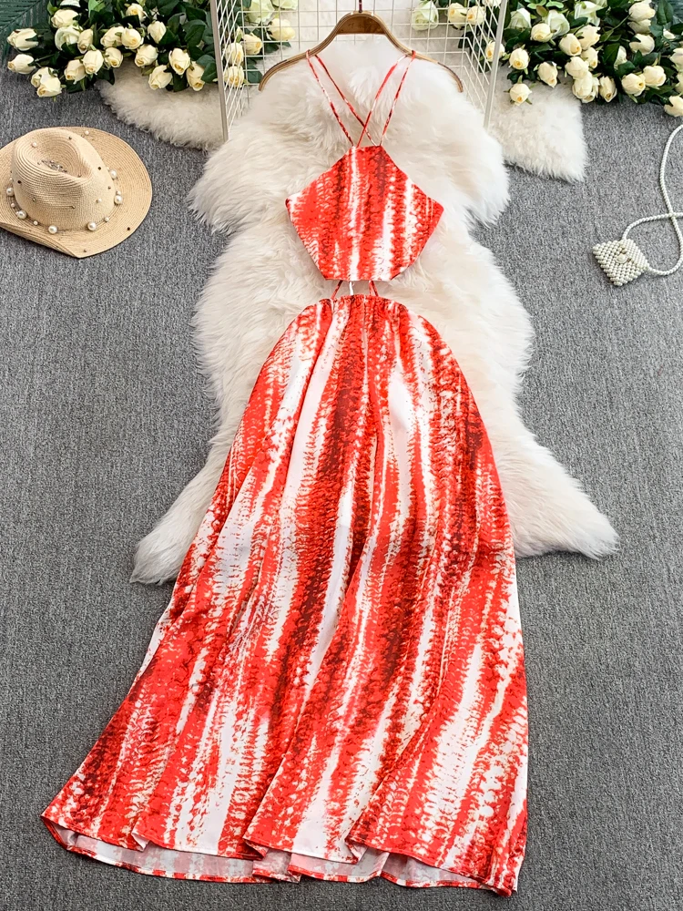 レトロなストラップ付きドレス レディース 夏休み セクシー ウエストシェイプ スリム ロングドレス 韓国風 スリーブ ハイウエスト Aラインスカート