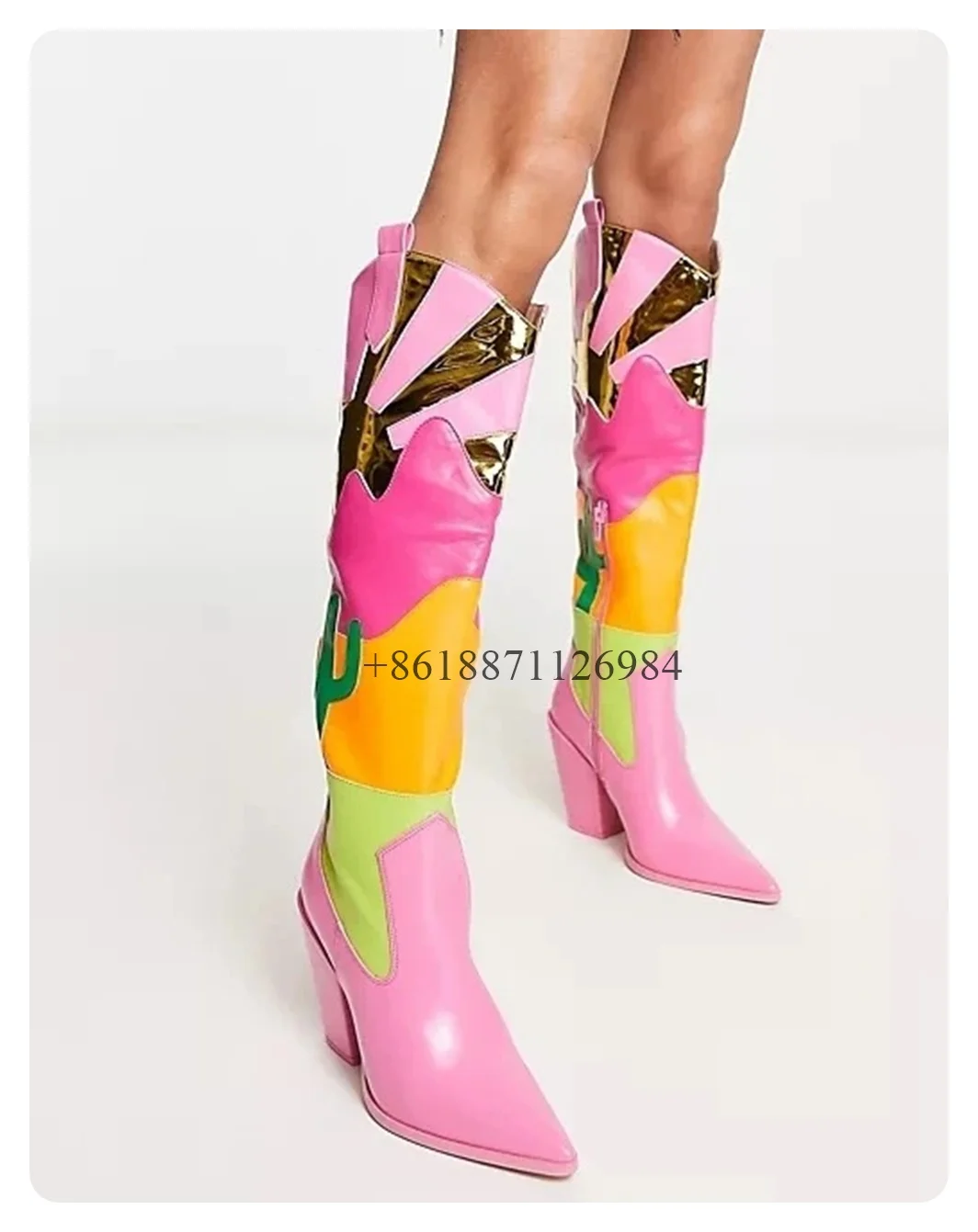 Multi Colored Patchwork Pointed Toe Knee High Boots Chunky High Heels Side Zipper Design Large Size Fashion Show Shoes