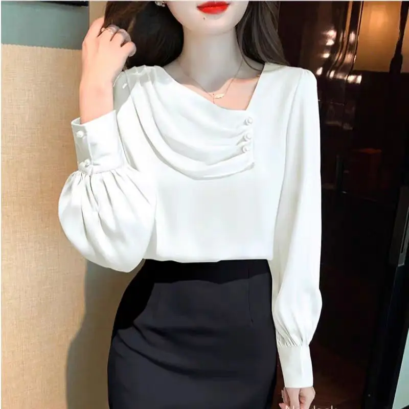 Diagonal Collar Button Blue Chiffon Shirt Spring Summer Fashion Blouse 2023 Korean Style Elegant Long Sleeve Shirt for Female