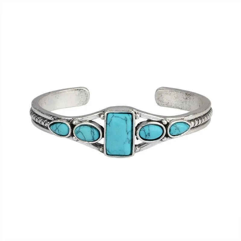 Wu\'s 2022 New European and American Bohemian Style Retro Turquoise Carved Hollow Geometric Bracelet Opening Adjustable Bracelet