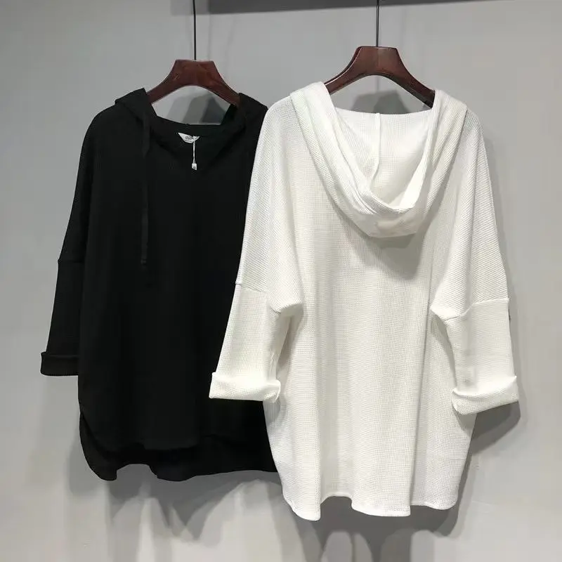 Loose Hooded Long Sleeve Solid T Shirts Spring Autumn New Asymmetrical Slit Hem Street Casual Tops Fashion Vintage Women Clothes
