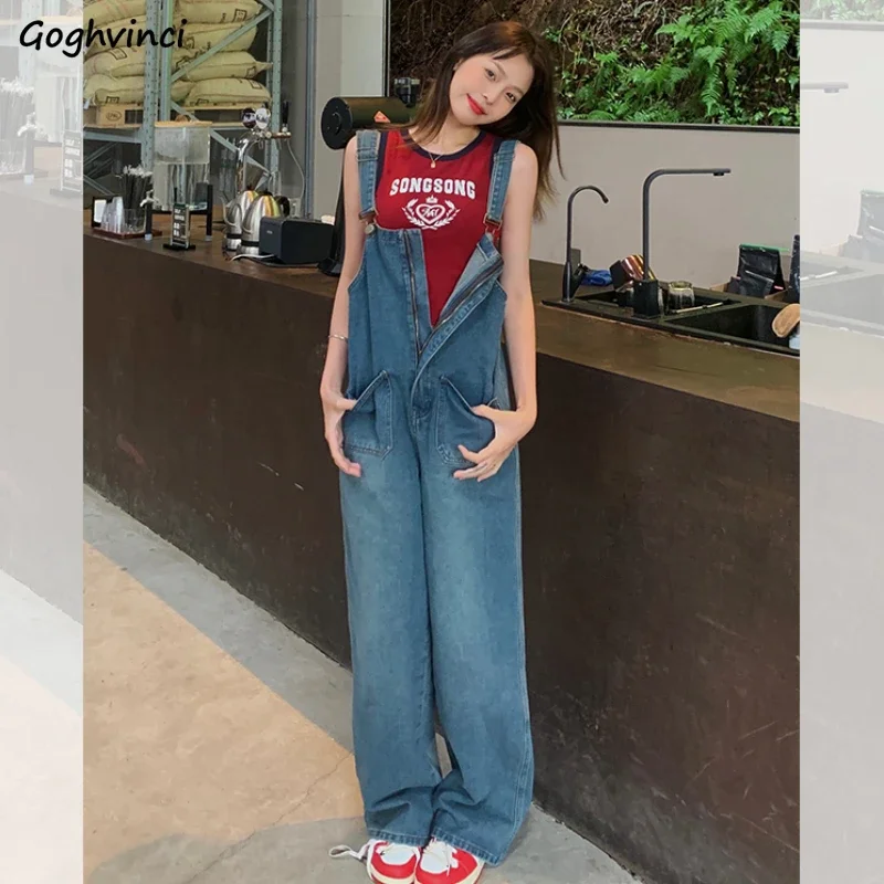 Women Jumpsuits Korean Style Lovely Schoolgirls Vintage Denim Wide Leg Mopping Spring Autumn New Fashion Baggy Casual Trousers