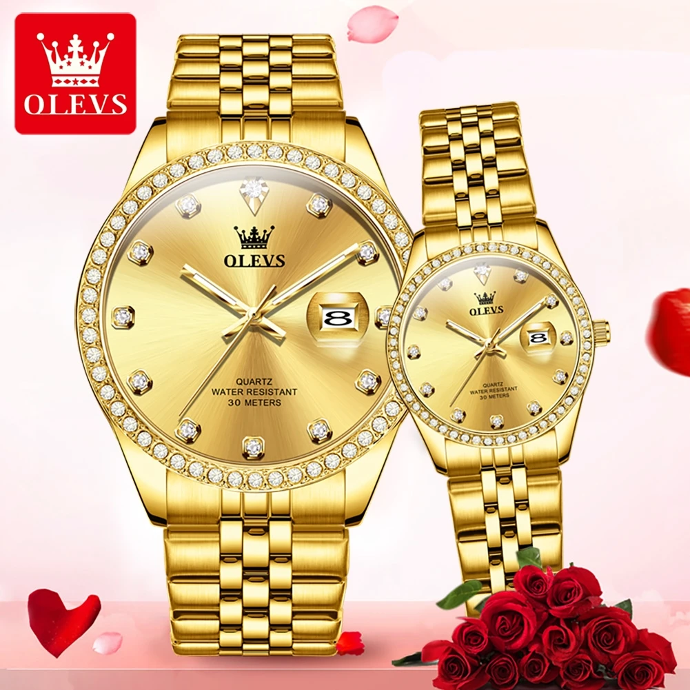 OLEVS 3629 Couple Watch Luxury Brand Original Quartz Watch Classic Business Date Waterproof His or Her Date Diamond Couple Watch