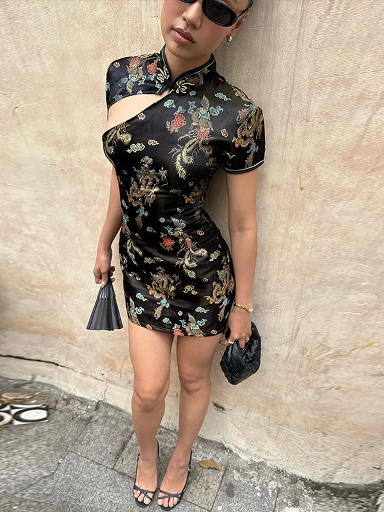Chinese Style Black Dragon Print Satin Dress For Women Fashion Mandarin Collar Cutout Mini Dress Lady 2026 Chic Party Vestidos