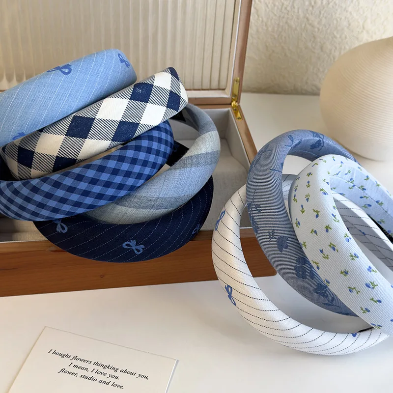 Blue Series Check Bow Headbands Sponge Wide Hair Band for Womans Girls Sweet Hair Hoop Female Fashion Hair Accessories Retro New — zdjęcie 5