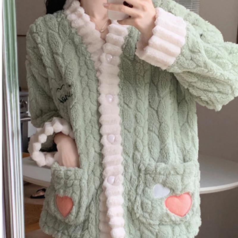 Flower Print Cardigan Sweet Women Pajamas Set Winter Fleece Velvet 2 Pieces Home Clothes Sleeping Fluffy Warm Pajamas