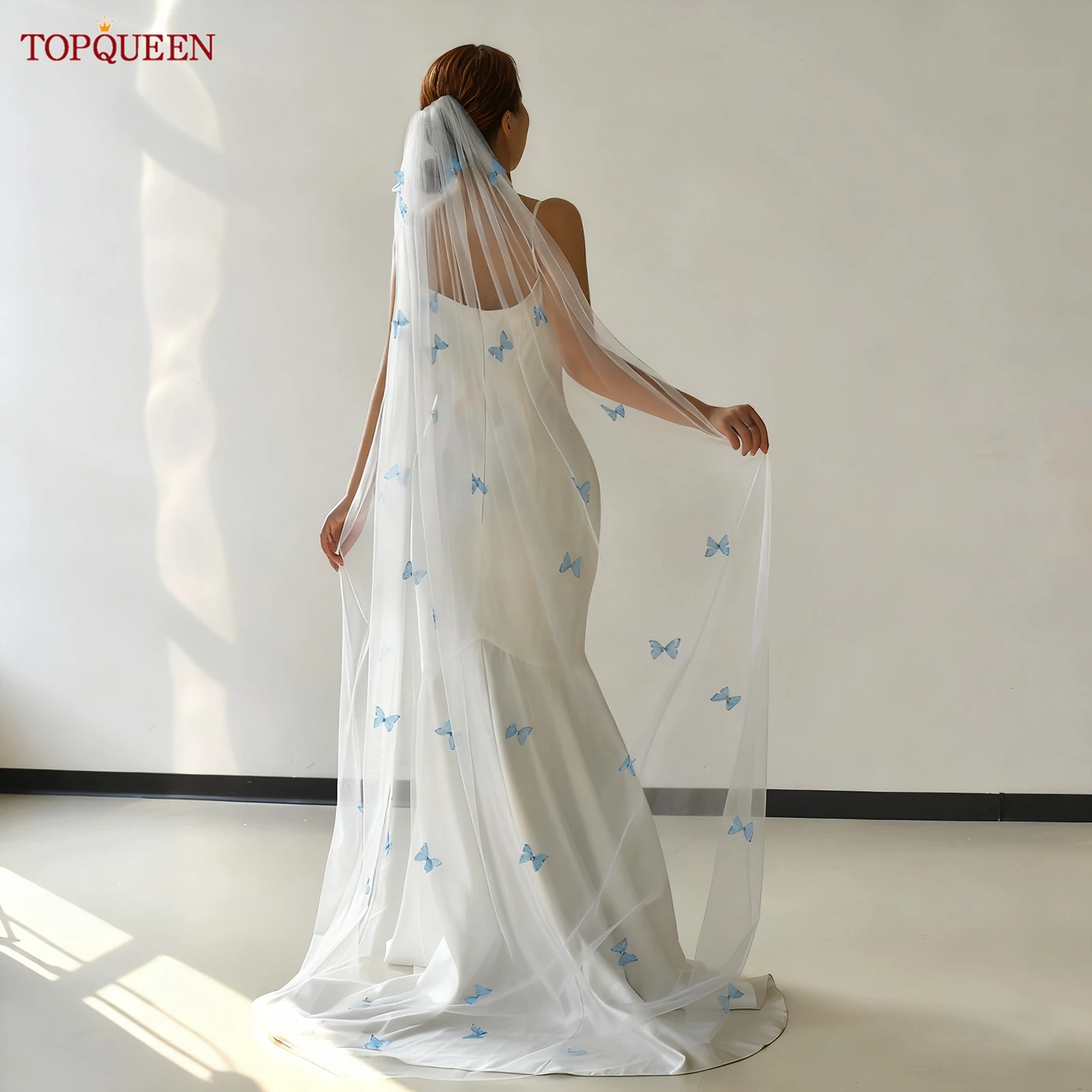 TOPQUEEN ثلاثية الأبعاد فراشة طرحة زفاف جميلة الأزرق فراشة الحجاب الزفاف 3 متر اكسسوارات الزفاف للتخصيص M110 #1