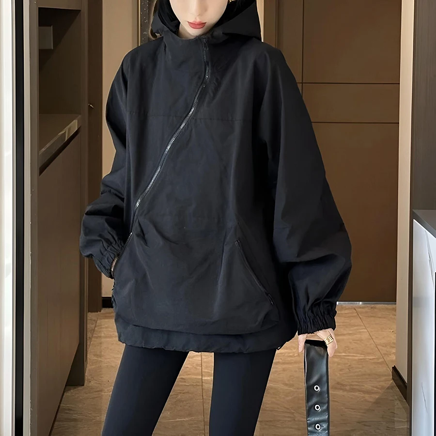 American Style Waterproof Jacket Women's Spring Autumn Casual Diagonal Zipper Design Hat Jacket Coat Polyester Fabric