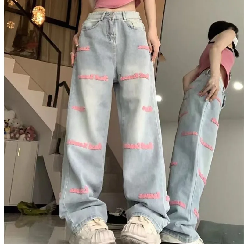 

Women High Waisted Straight Jeans Y2k Vintage Letter Towel Embroidery Denim Trousers Korean Fashion Baggy Long Pants Streetwear