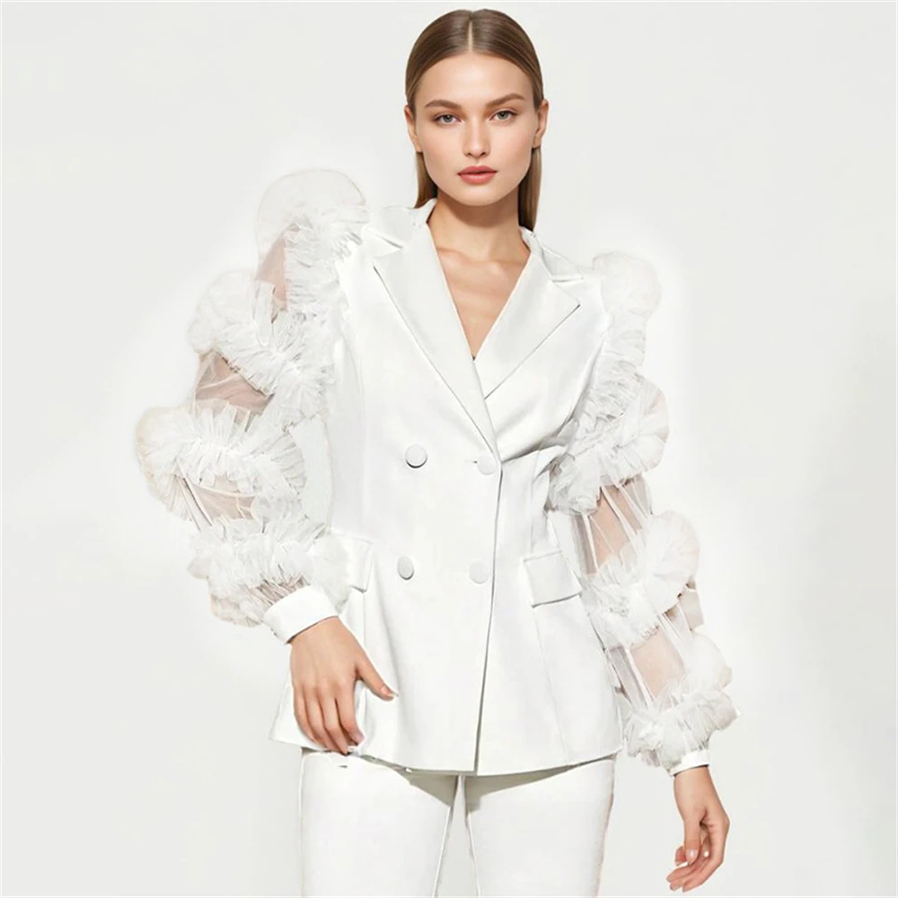 2024 New Fashion Splicing Suit Blazer for Women Mesh Ruffle Edge Long Sleeve Suit Jacket Women's Stylish Outfit