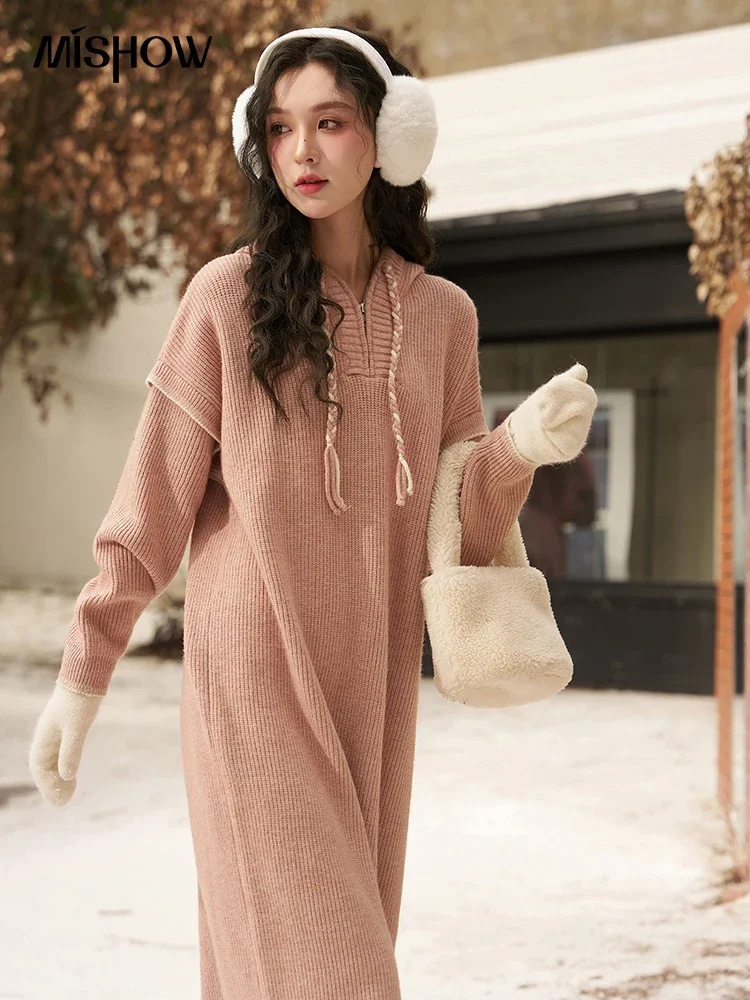 

MISHOW Autumn Winter Retro Knitted Dresses Women 2023 Hooded Casual Loose Long Lazy Gentle Knit Dress Sweater Female MXC57Z0414