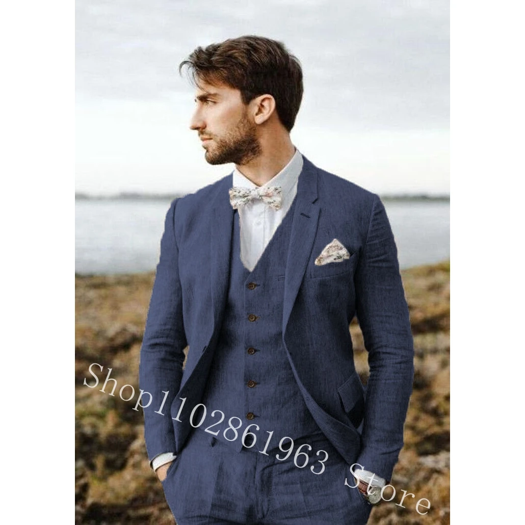 Elegant Linen Suits For Men Notched Lapel Two Buttons 3 Pieces Male Suits Groomsmen Bridegroom Wedding Tuxedos Costume Homme