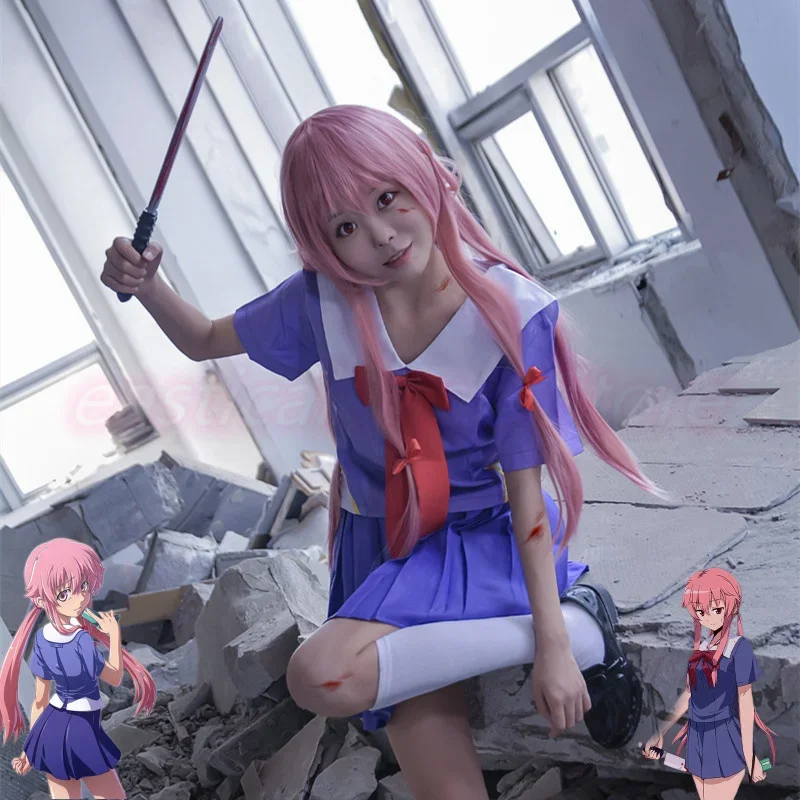 2025 Nieuwe Anime 2e Mirai Nikki Gasai Yuno Sailor Carnaval Party Kostuums Cosplay Uniform Vrouwen Lolita Jurk Rode Strik Pruik Volledige abc