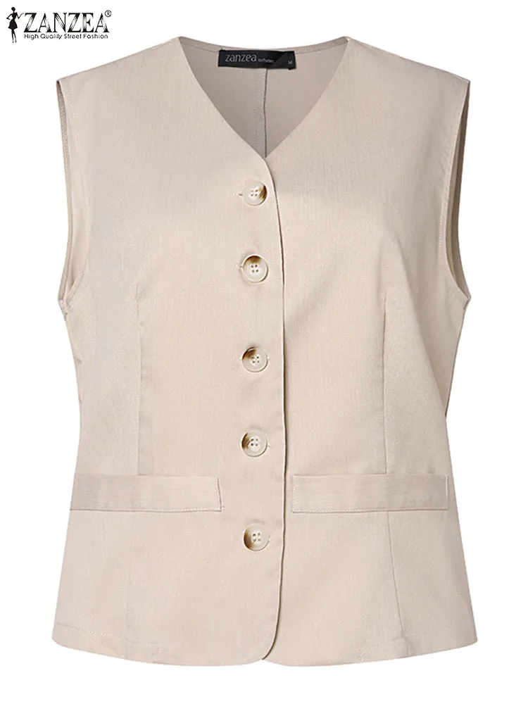 ZANZEA Women Office Waistcoat 2024 Summer Sleeveless Vests Fashion V-Neck OL Solid Color Outwears Casual Single-breasted Tops