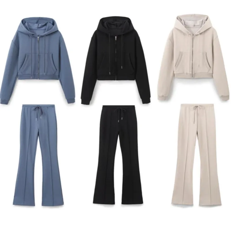 

2025 Winter New Women's 2-Piece Set Double-Layer Fabric Hooded Short Sweatshirt Jacket Stitched Flared Sweatpants Daily Sets