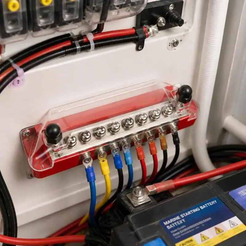 31BC 150A Auxiliary Power Bus Bar Set with Clear Covers for Marine and Vehicle Wiring Organization and Clean Layout