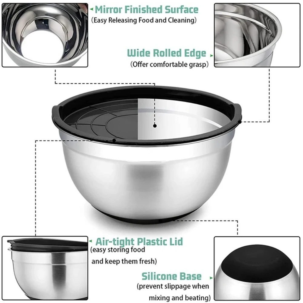 New 1Pcs Mixing Bowls with Lids and Non Slip Bases Stainless Steel Mixing Bowls Set for Baking Nesting Storage Bowls
