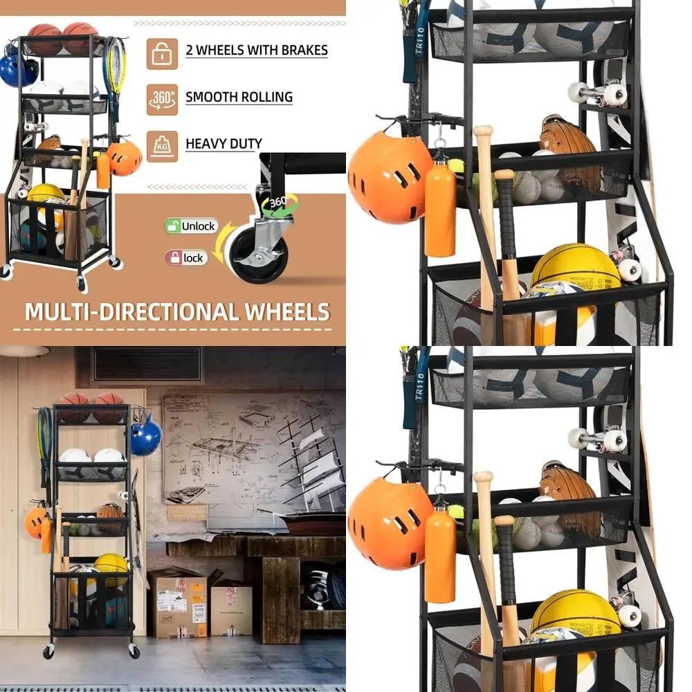 

Металлический органайзер для тележки с вращающимся мячом — стеллаж для хранения баскетбола в гаражном тренажерном зале с полками для использования в помещении и на открытом воздухе