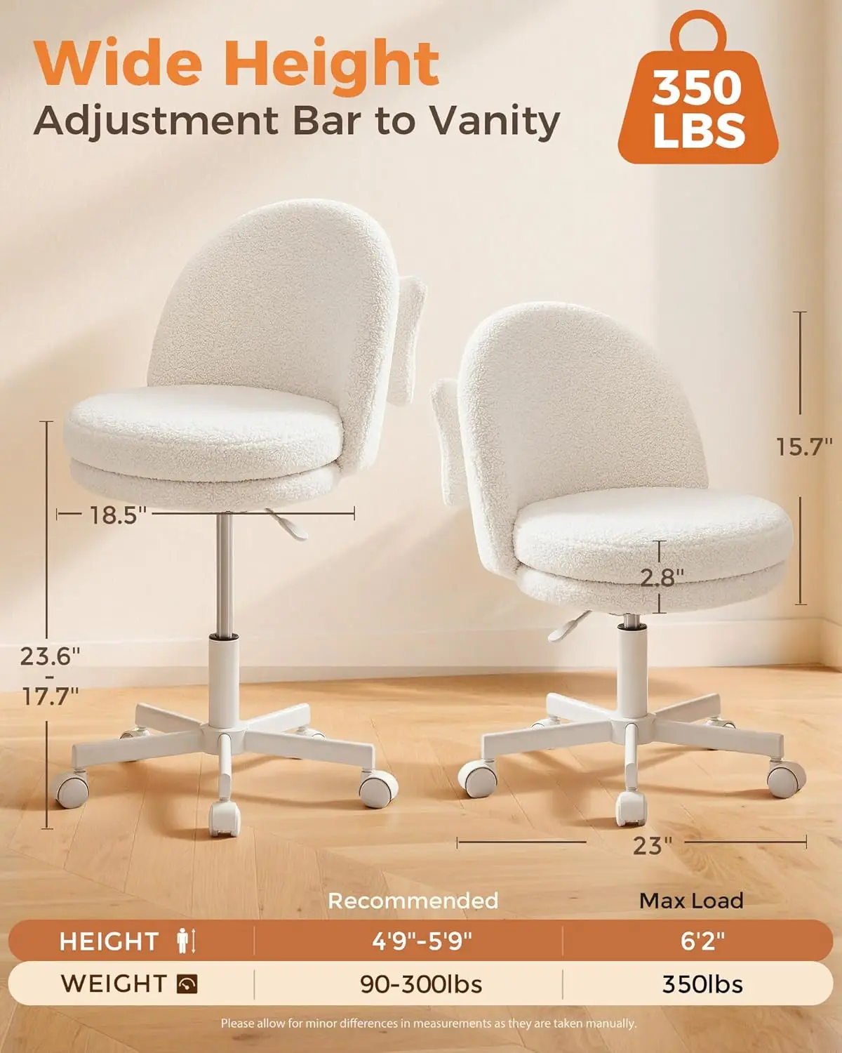 Armless Velvet Rolling Tall Desk Vanity Chair, Multi-Height Adjustable, Ergonomic Design with Bow-Shaped Lumbar Pillow, Can Be Used as Office Chair or Bar Stool, Perfect Gift Choice