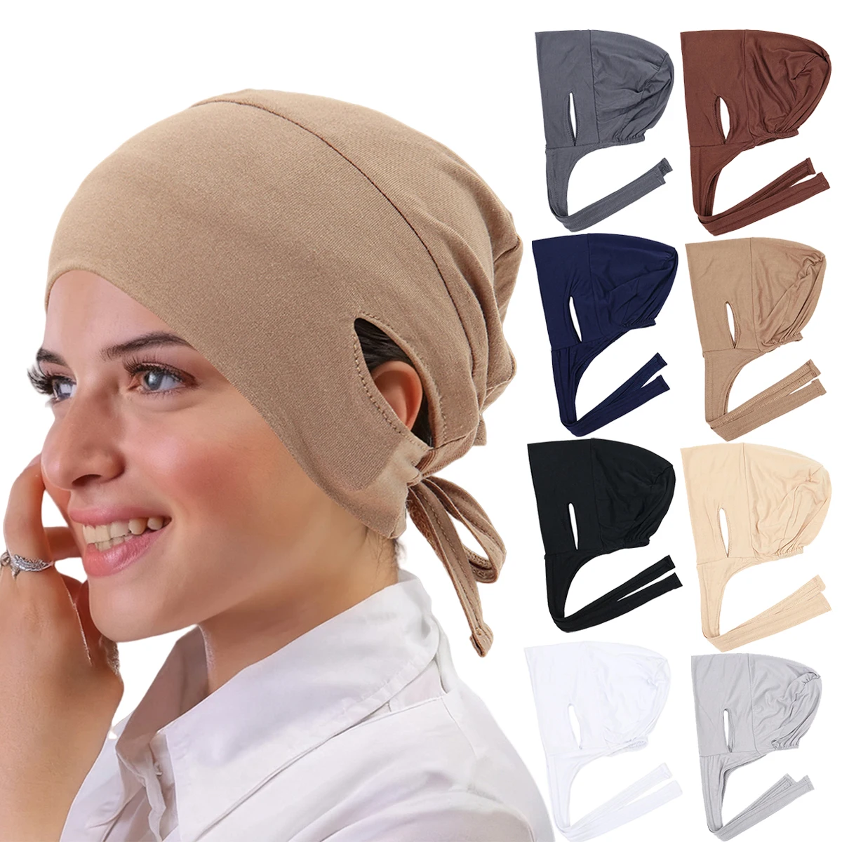 

New Design Ears Caps Tie Back Women Jersey Hijab Elasticity Caps Muslim Inner Hijab Solid Color Strap Hat Bottom Caps