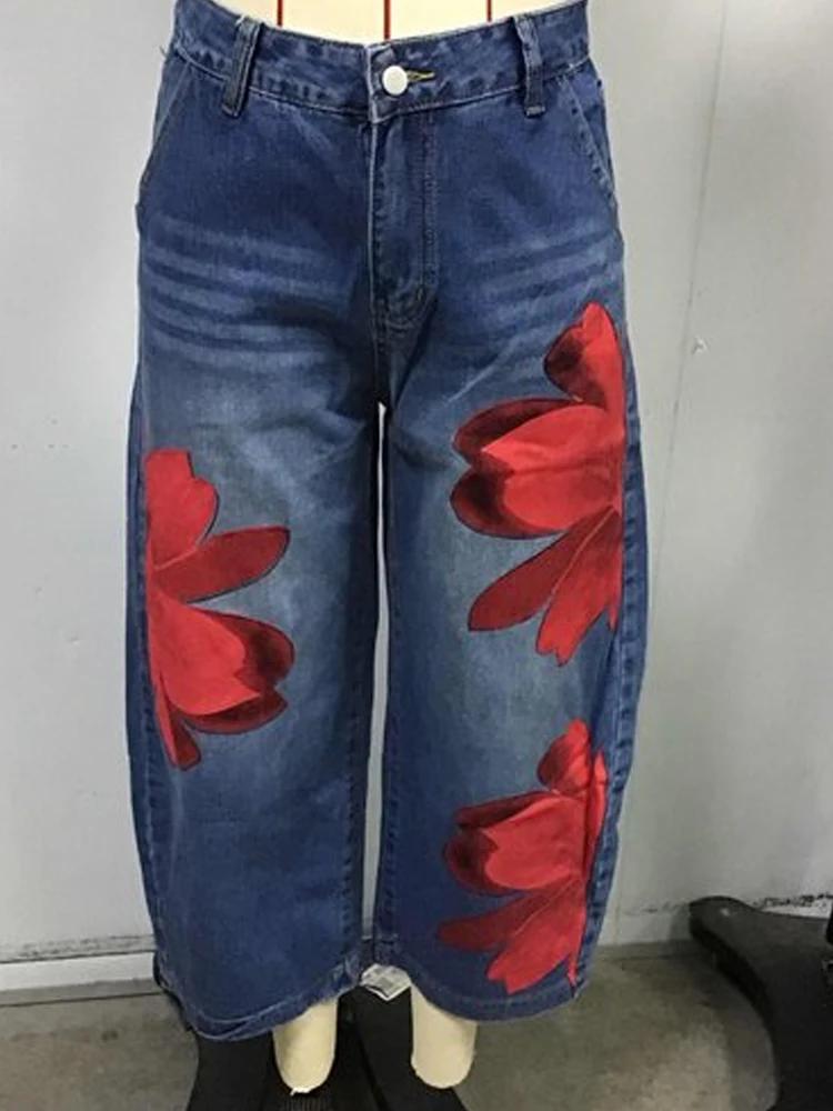 Women Cropped Wide Leg Jeans Classic Denim Pants Floral Print Casual Loose Fit Capri Denim Trousers Street Fashion Bottoms