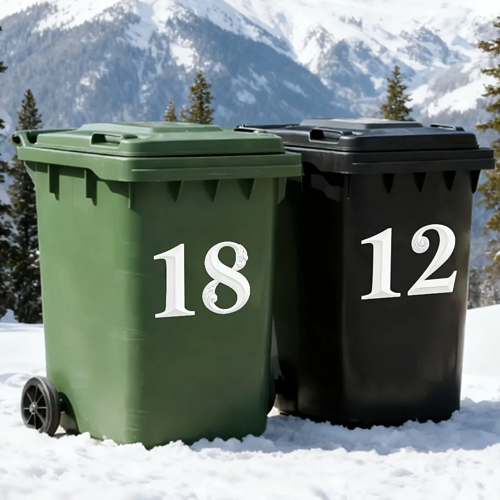 2pcs Fun PVC Self-Adhesive White Number Stickers 5.7in(14.5cm) Large Reflective Trash Can Labels for Bins Garage Organization
